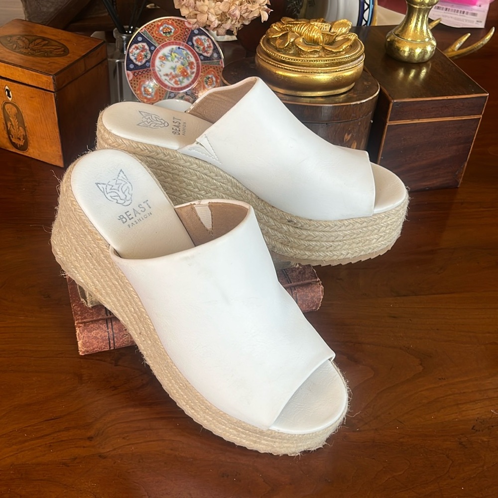 White Smooth Faux Leather Espadrilles Chunky Platform Wedge Slides Sandals